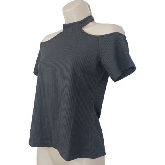 NWT SHEIN Women's Cold Shoulder Rib-knit Top Halter Black Color Size S (4) - Picture 2 of 8